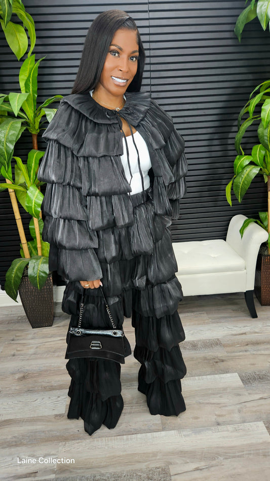 Bubble Hem Tiered Ruffled Organza Jacket (Black) - Laine Collection