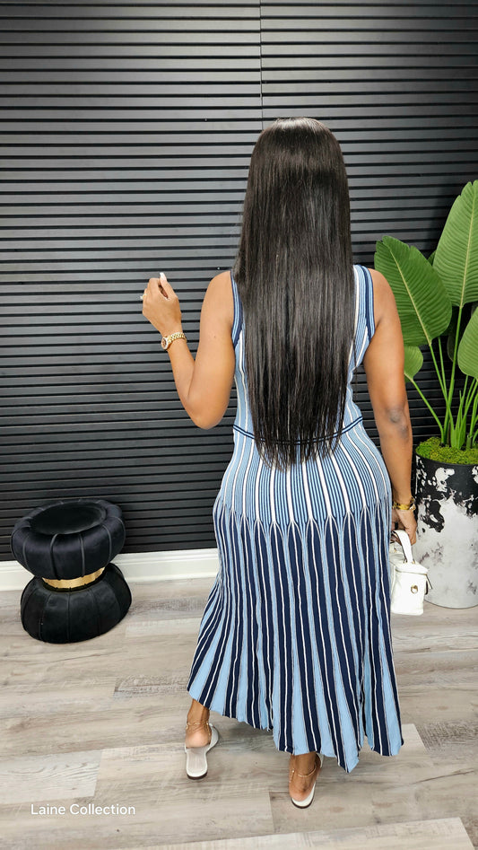 Pinstripe Knit Godet Sleeveless Midi Dress - Laine Collection