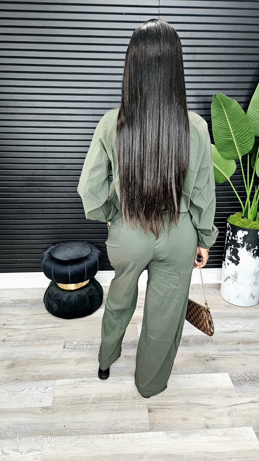 Olive Relaxed-Fit Bomber Jacket & Wide-Leg Pants Set - Laine Collection