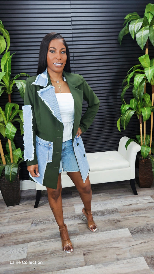 Women Evolve Denim Mix Casual Blazer(Green) - Laine Collection