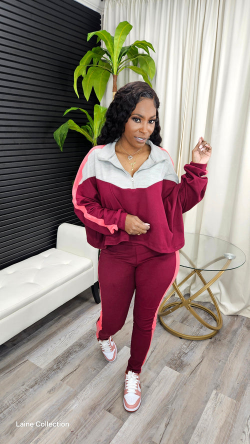 Swept Away Legging Set(Burgundy/Grey/Red2tone) - Laine Collection