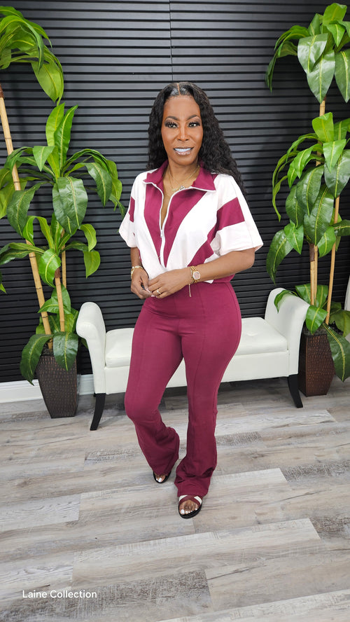 Two Tone Jumpsuit( Maroon/Powder Blush) - Laine Collection