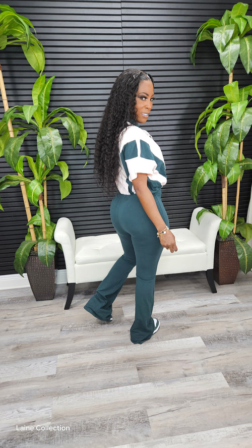 Two Tone Jumpsuit( Hunter Green/Powder Blush) - Laine Collection