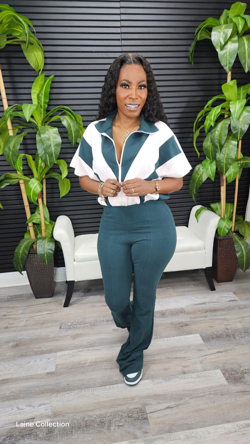 Two Tone Jumpsuit( Hunter Green/Powder Blush) - Laine Collection