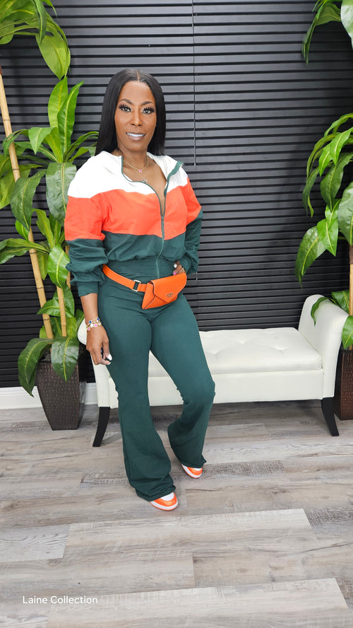Double Take Jumpsuit(Hunter Green/Orange/Ivory) - Laine Collection