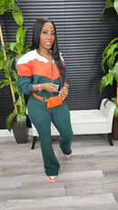 Double Take Jumpsuit(Hunter Green/Orange/Ivory) - Laine Collection