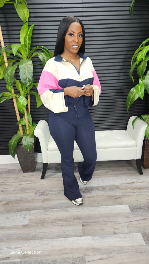 Can't Hold Me Down Legging Set(Midnight Navy/Cream/Hot Pink) - Laine Collection