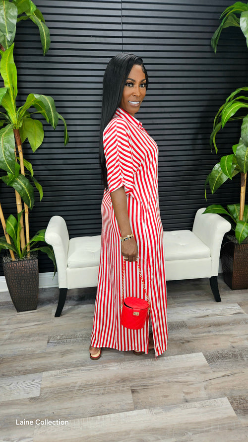 Striped Maxi Shirt Dress(Red) - Laine Collection