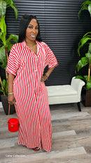 Striped Maxi Shirt Dress(Red) - Laine Collection