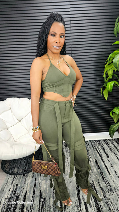 CeCe Caged Pants Set(Olive) - Laine Collection