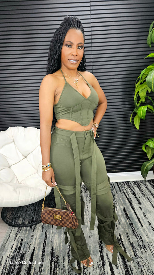 CeCe Caged Pants Set(Olive) - Laine Collection