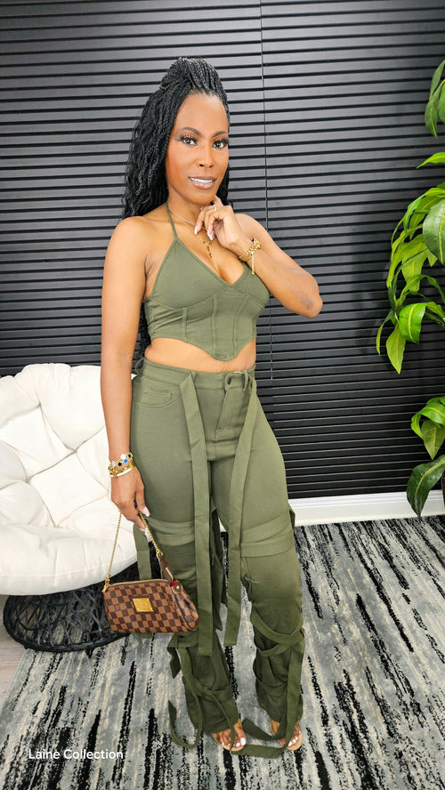 CeCe Caged Pants Set(Olive) - Laine Collection