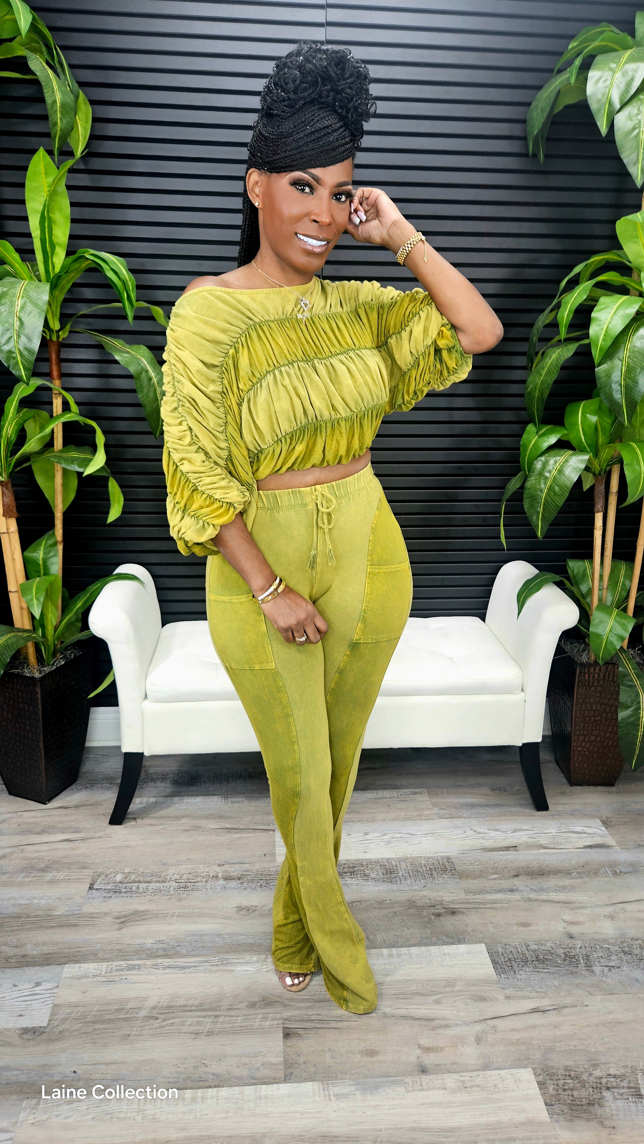 Over Doing It Pants Set(Olive Yellow)