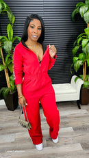 Striped Zip Up Hooded Jumpsuit(Red)