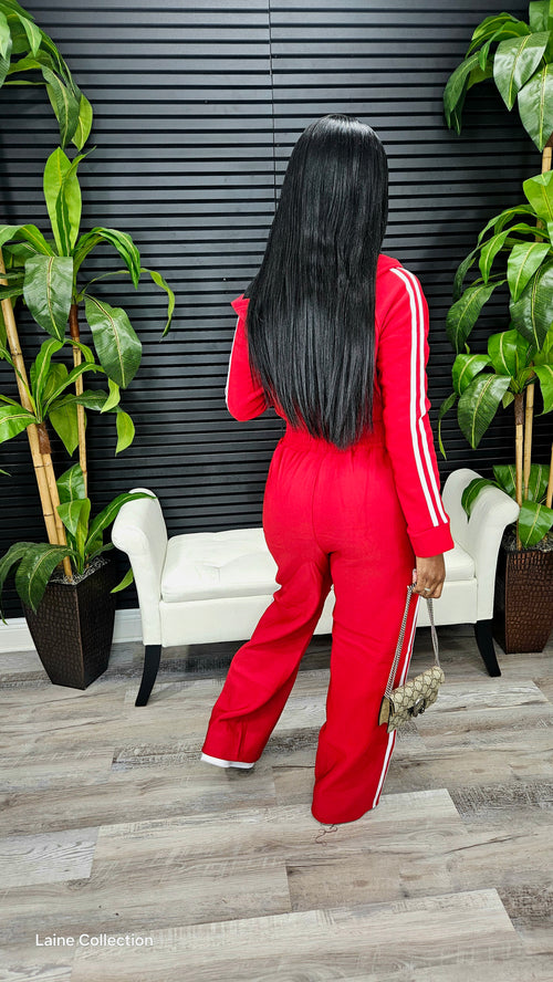 Striped Zip Up Hooded Jumpsuit(Red) - Laine Collection