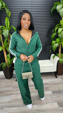 Striped Zip Up Hooded Jumpsuit(Green) - Laine Collection