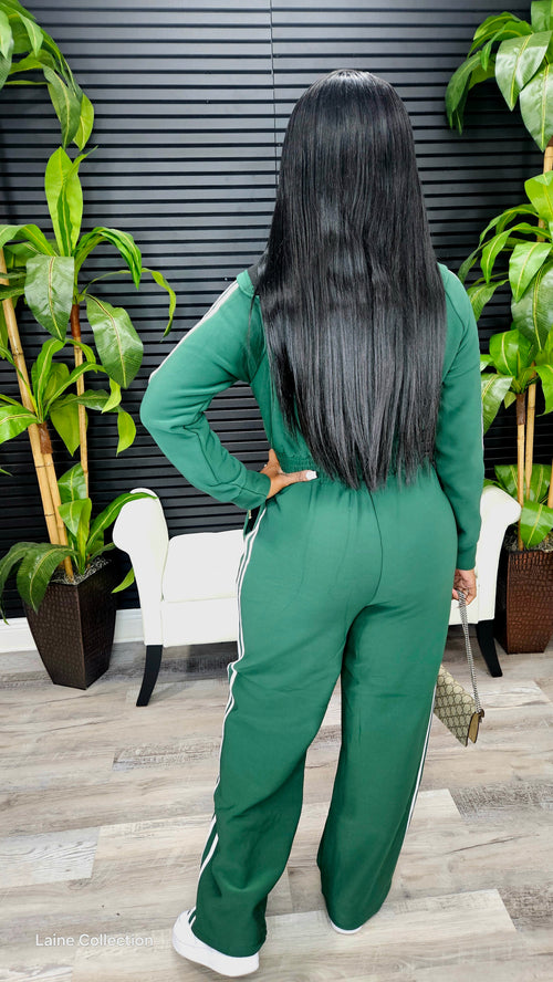 Striped Zip Up Hooded Jumpsuit(Green) - Laine Collection