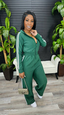 Striped Zip Up Hooded Jumpsuit(Green) - Laine Collection