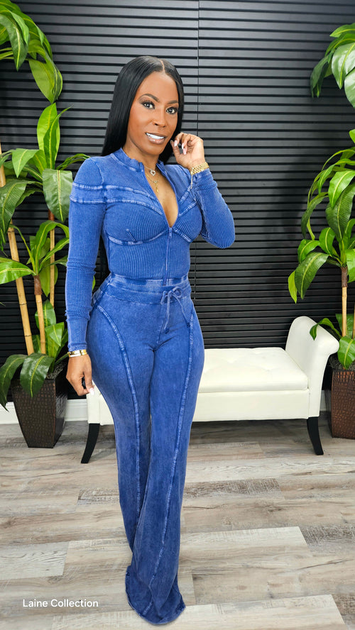 Out Of Line Mineral Wash Pant Set(Very Navy) - Laine Collection