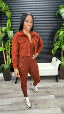 Baddie On The Go Jumpsuit Set (Dark Brick)