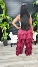 Bubble Hem Tiered Ruffled Organza Pants (Burgundy)