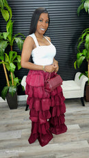 Bubble Hem Tiered Ruffled Organza Pants (Burgundy)