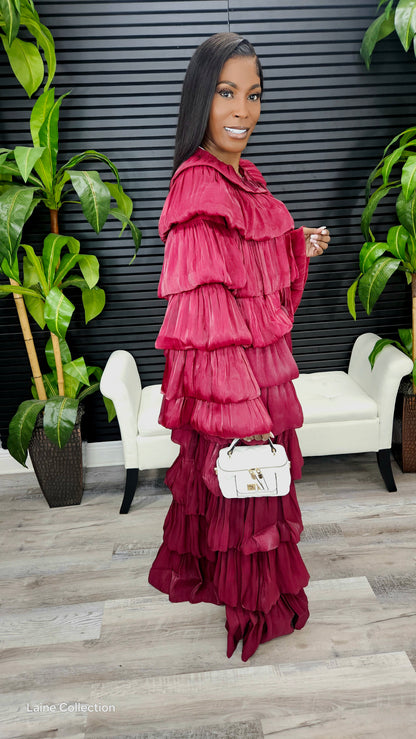 Bubble Hem Tiered Ruffled Organza Jacket (Burgundy) - Laine Collection