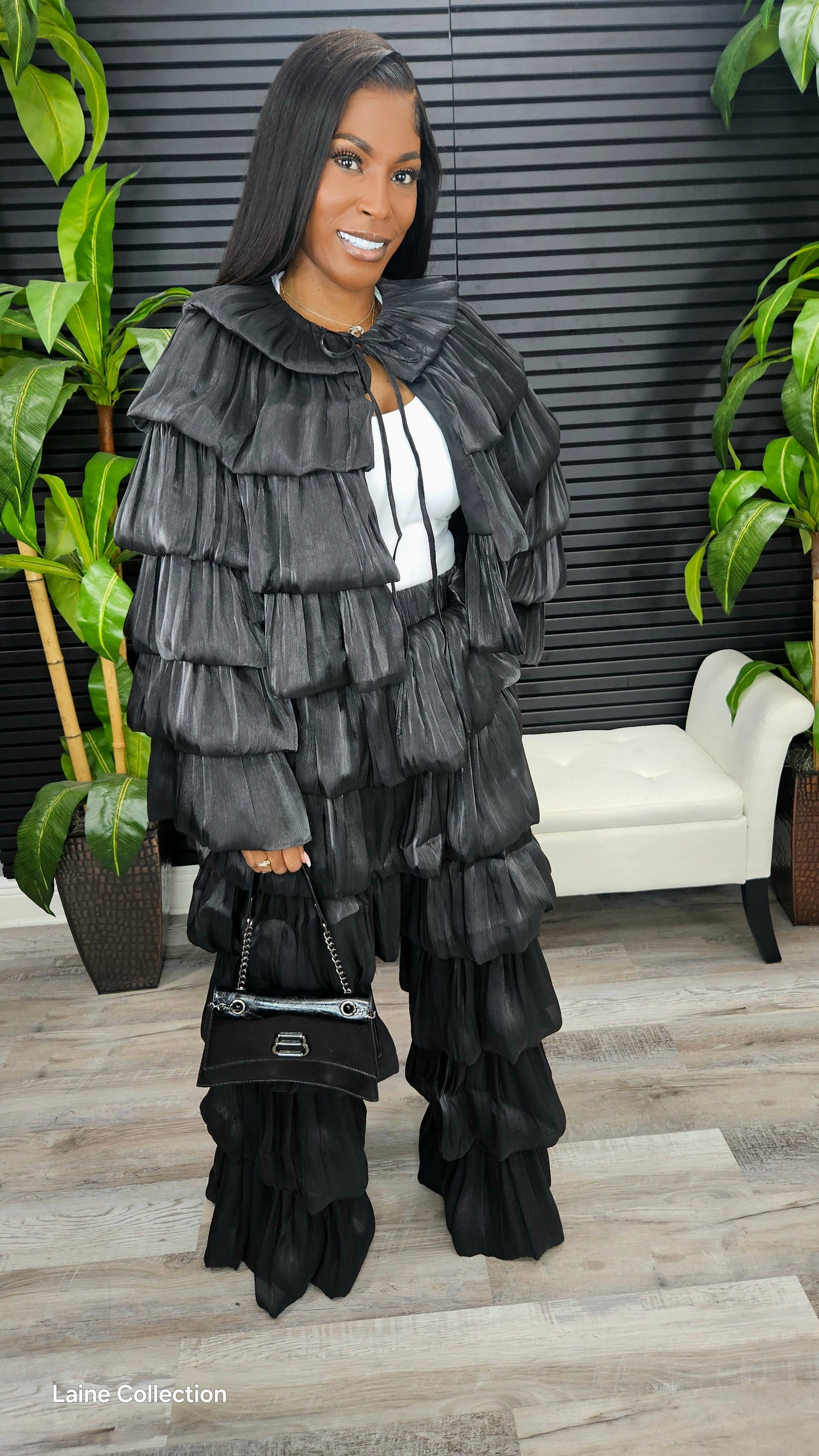 Bubble Hem Tiered Ruffled Organza Jacket (Black) - Laine Collection