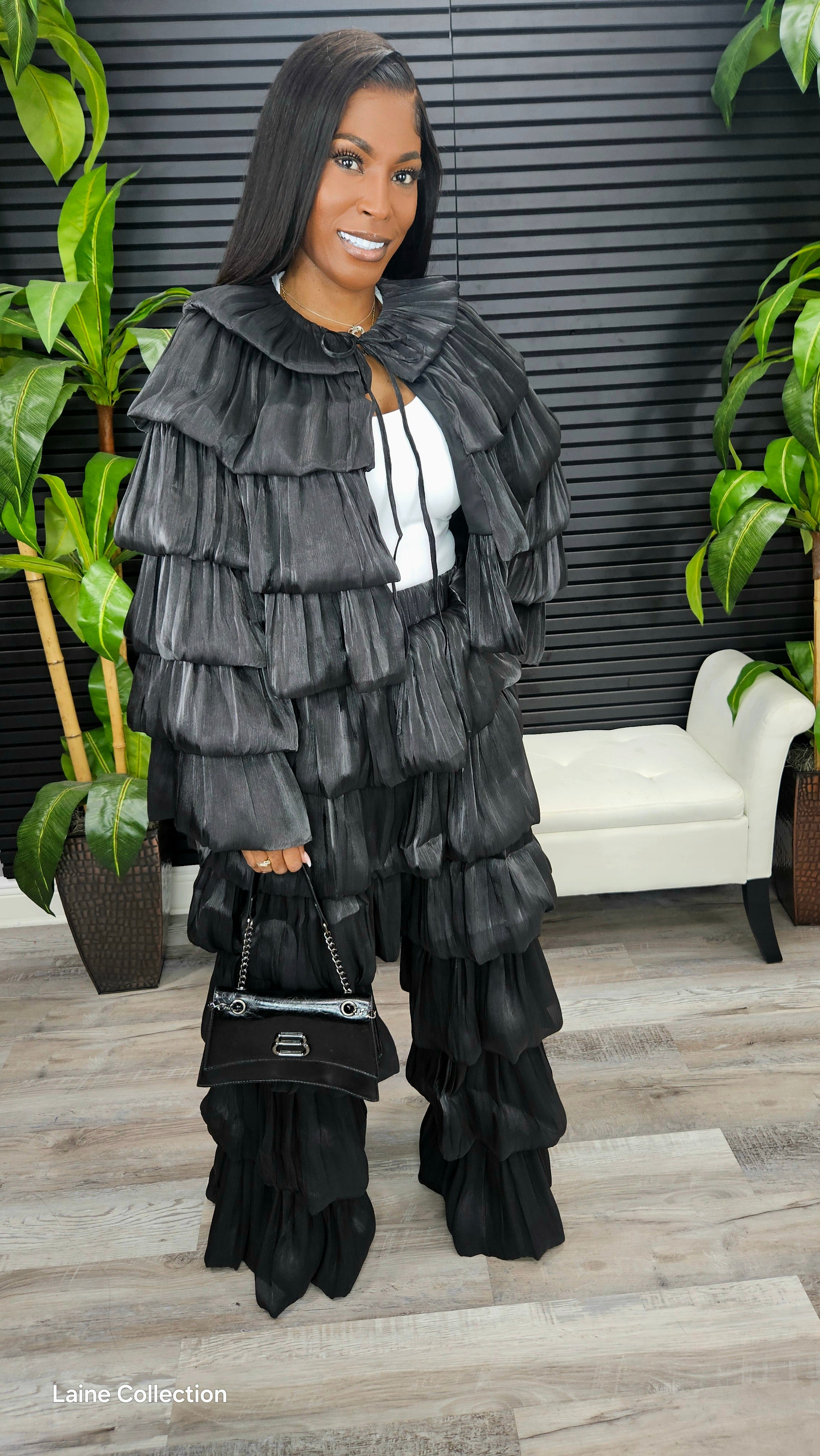 Bubble Hem Tiered Ruffled Organza Jacket (Black)