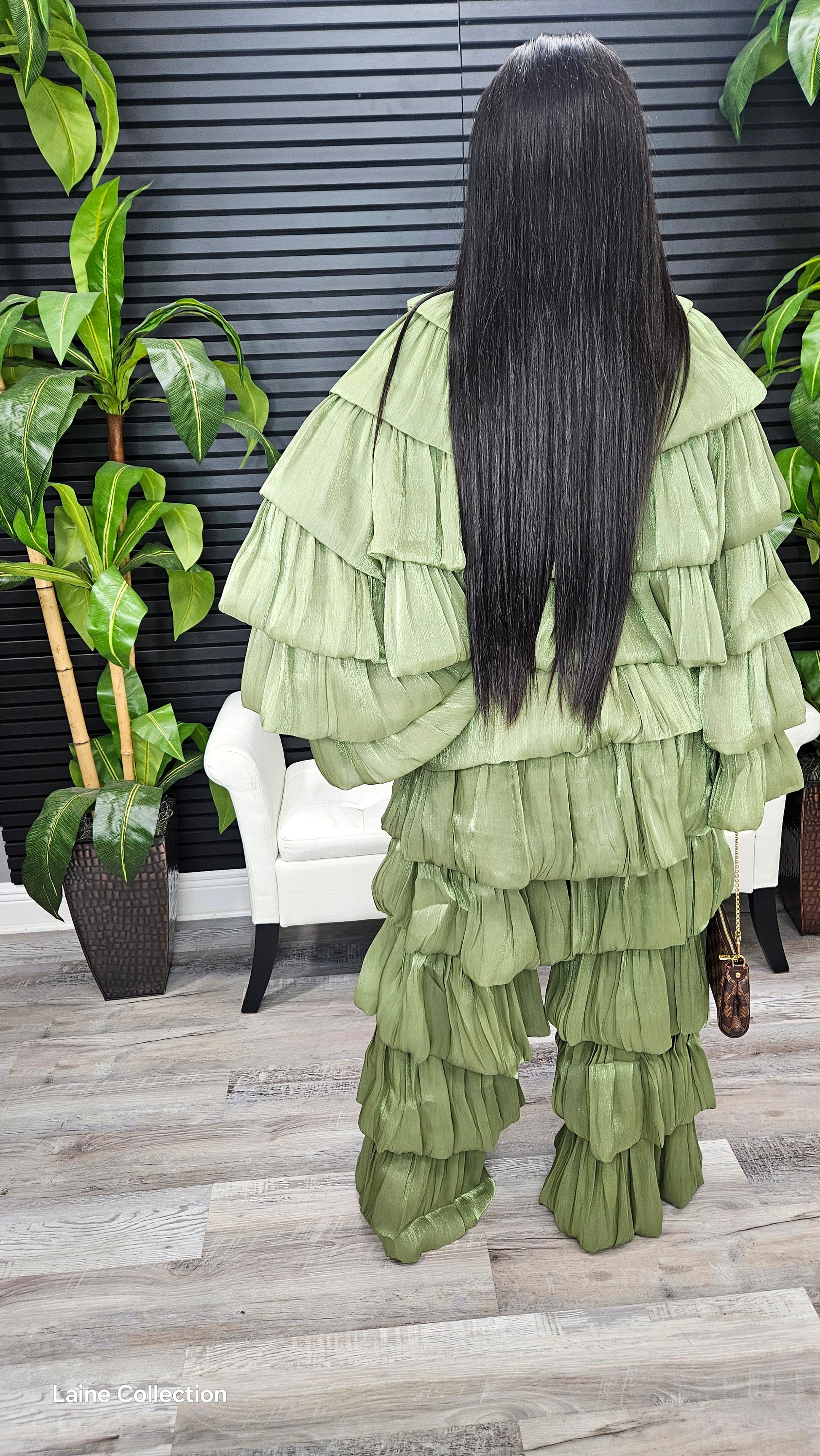 Bubble Hem Tiered Ruffled Organza Jacket (Olive) - Laine Collection