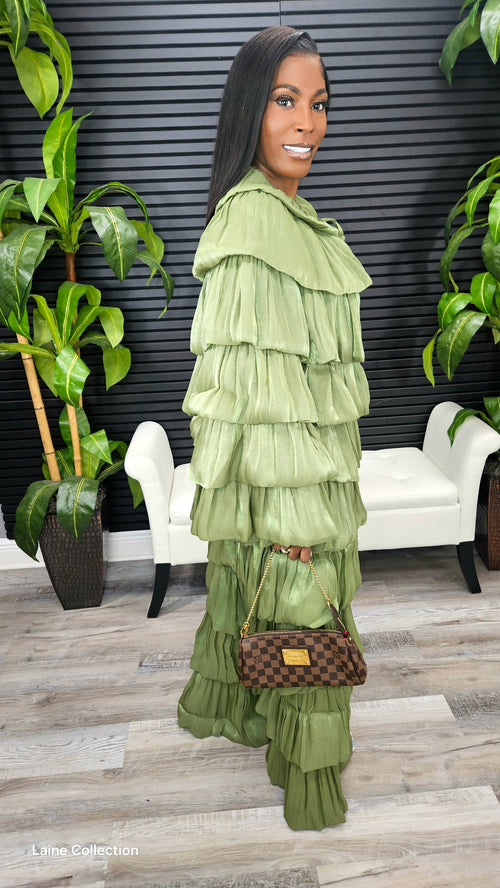 Bubble Hem Tiered Ruffled Organza Jacket (Olive)