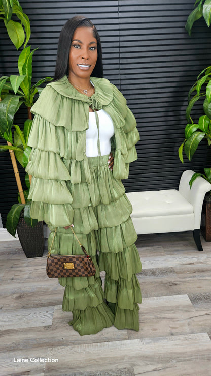 Bubble Hem Tiered Ruffled Organza Jacket (Olive) - Laine Collection