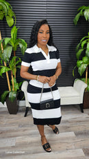 In The Mix Stripe Knit Polo Dress(Black) - Laine Collection