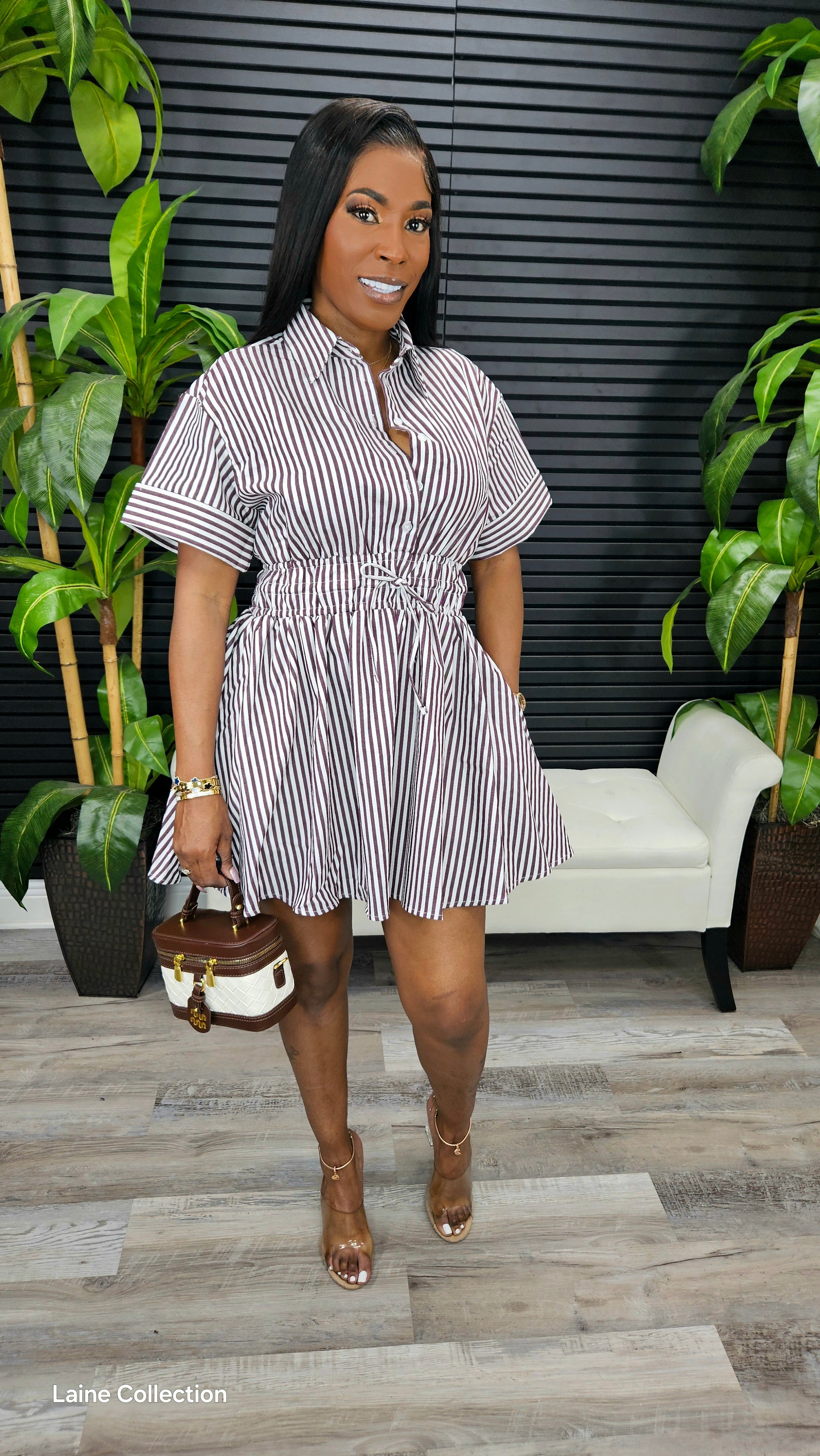 Maddie Pin Stripe Mini Dress(Brown)