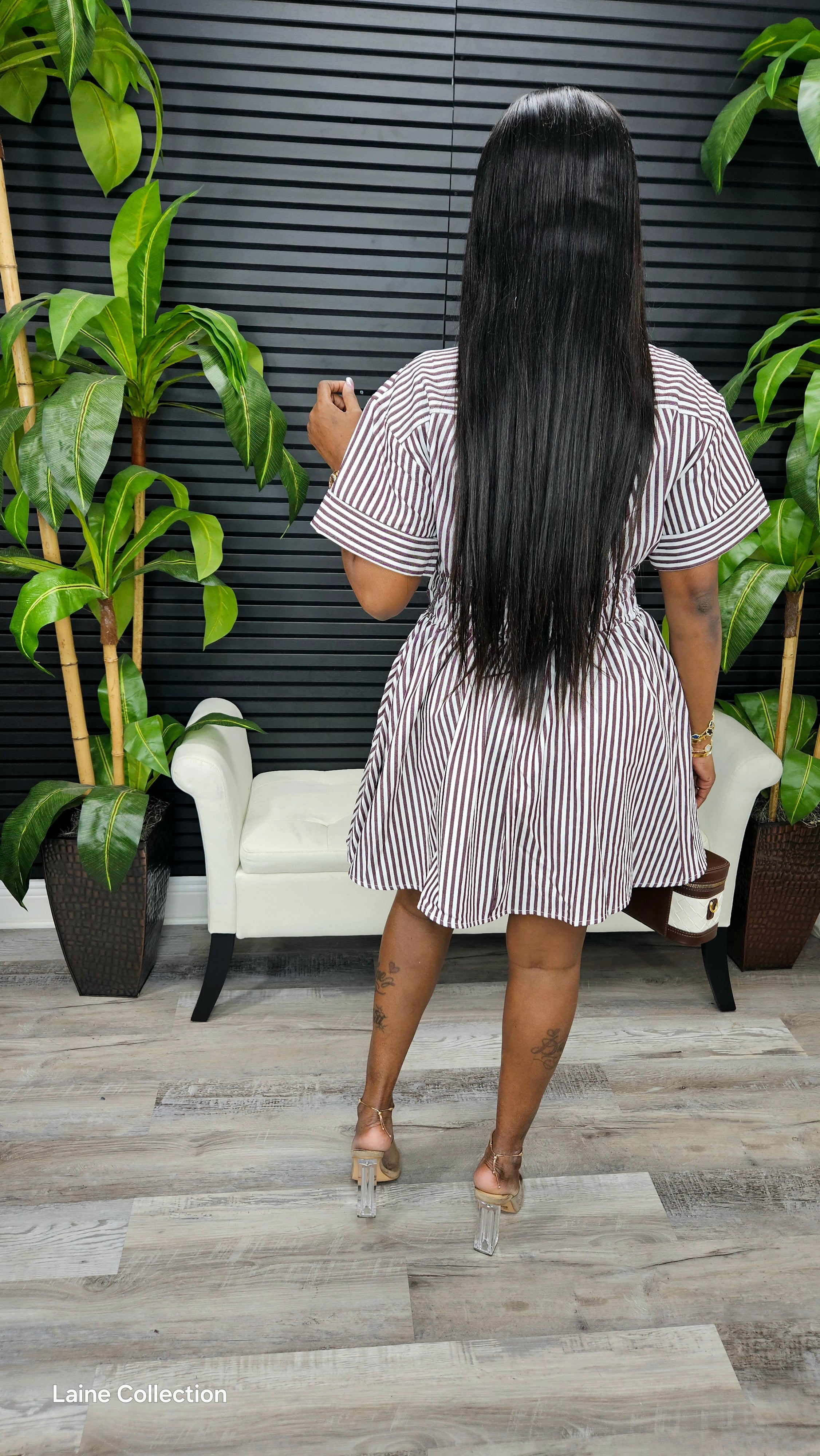 Maddie Pin Stripe Mini Dress(Brown) - Laine Collection