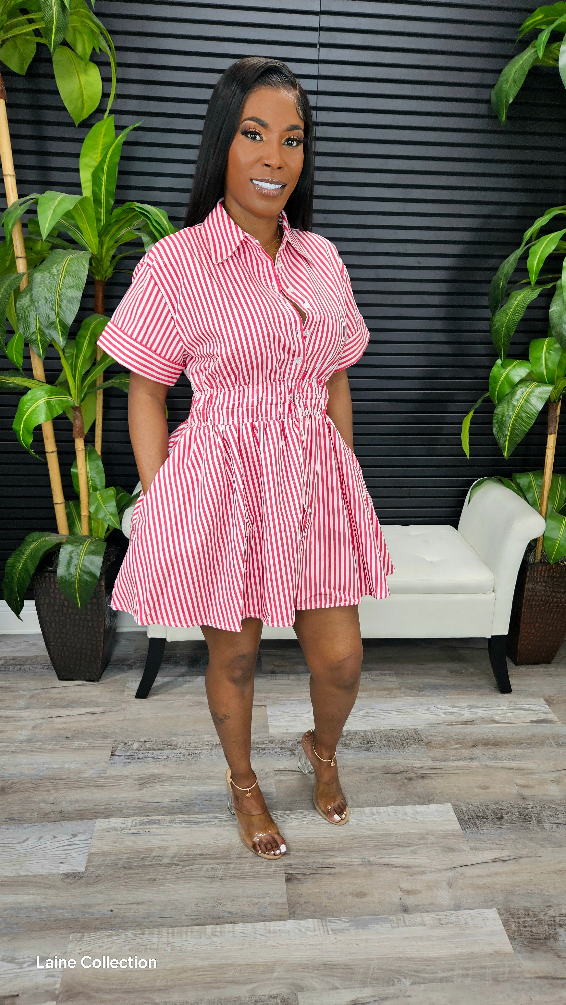 Maddie Pin Stripe Mini Dress(Red) - Laine Collection