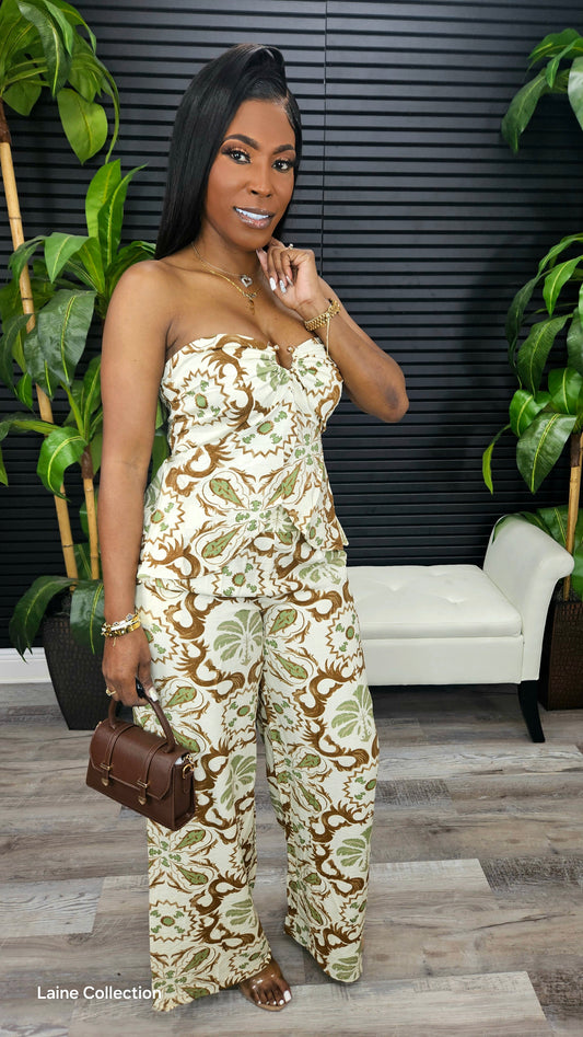 Paradise Palm Pants Set (Brown) - Laine Collection