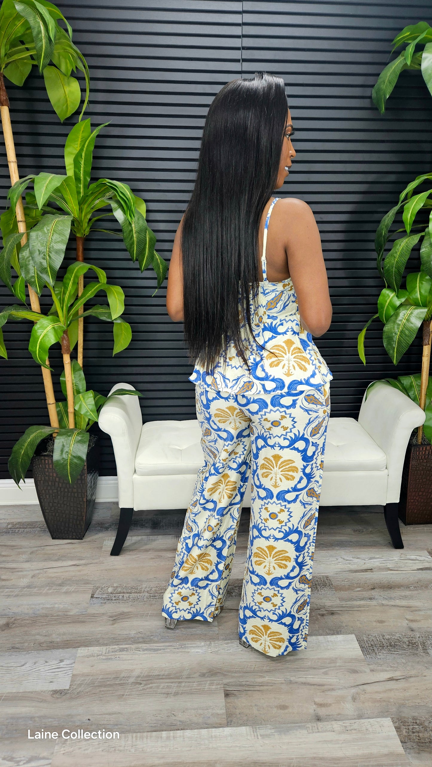 Paradise Palm Pants Set (Blue) - Laine Collection