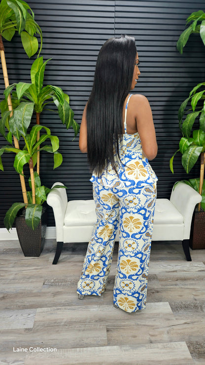 Paradise Palm Pants Set (Blue) - Laine Collection