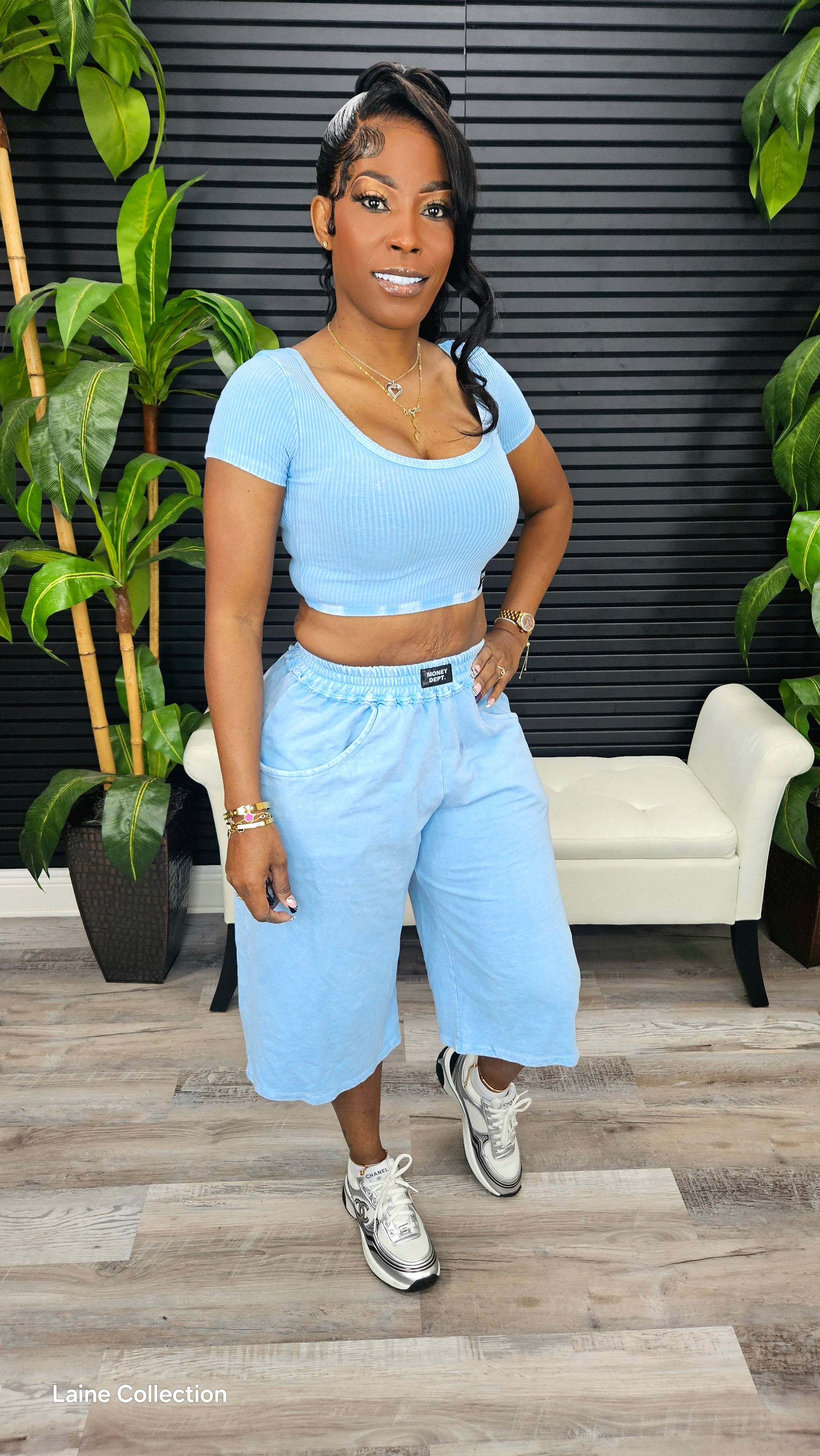 MINERAL WASH MONEY DEPT SCOOP TOP & BERMUDA SHORT SET - Laine Collection