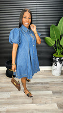 Washed Denim Button Down Mini Dress HD3169-DARK DENIM - Laine Collection