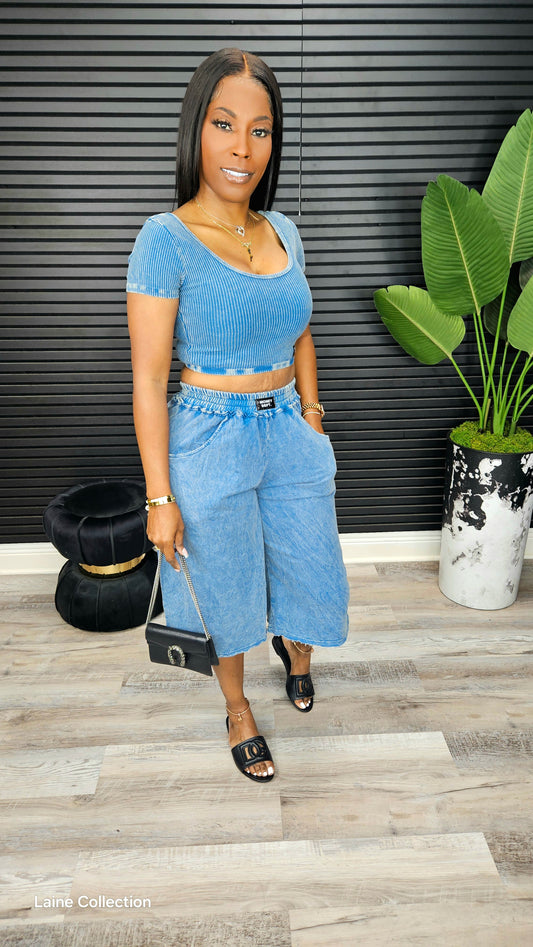 Pure Comfort Bermuda  Short Set(Indigo Jean) - Laine Collection