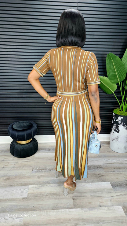 Pinstripes Romance Maxi Dress(Brown) - Laine Collection