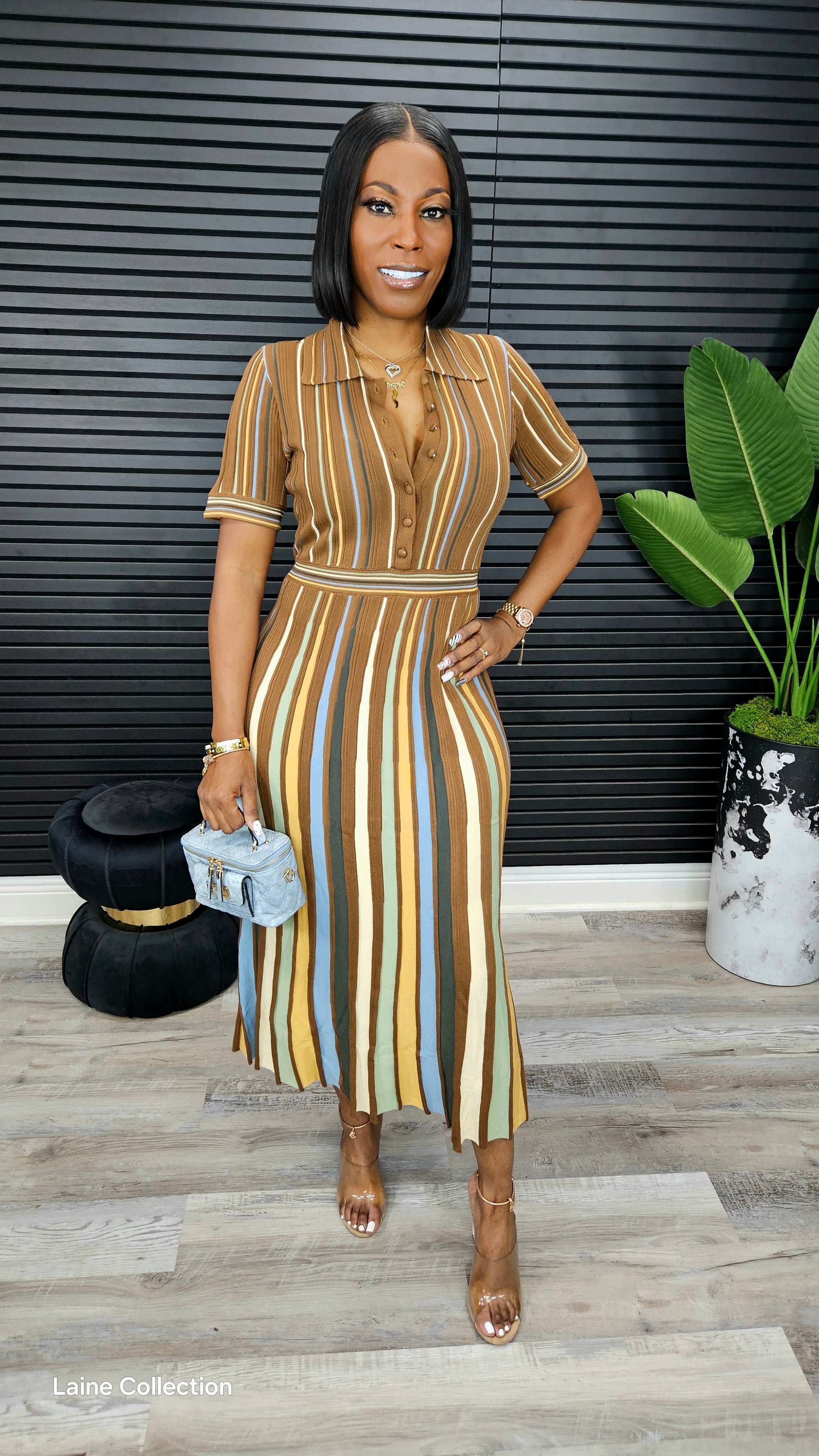 Pinstripes Romance Maxi Dress(Brown) - Laine Collection