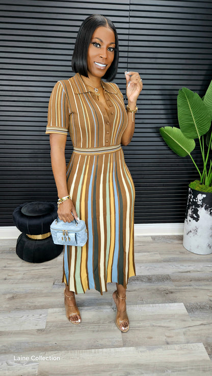 Pinstripes Romance Maxi Dress(Brown) - Laine Collection