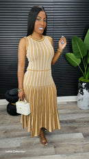 Goddess Pinstripe Knit Midi Dress (Beige) - Laine Collection