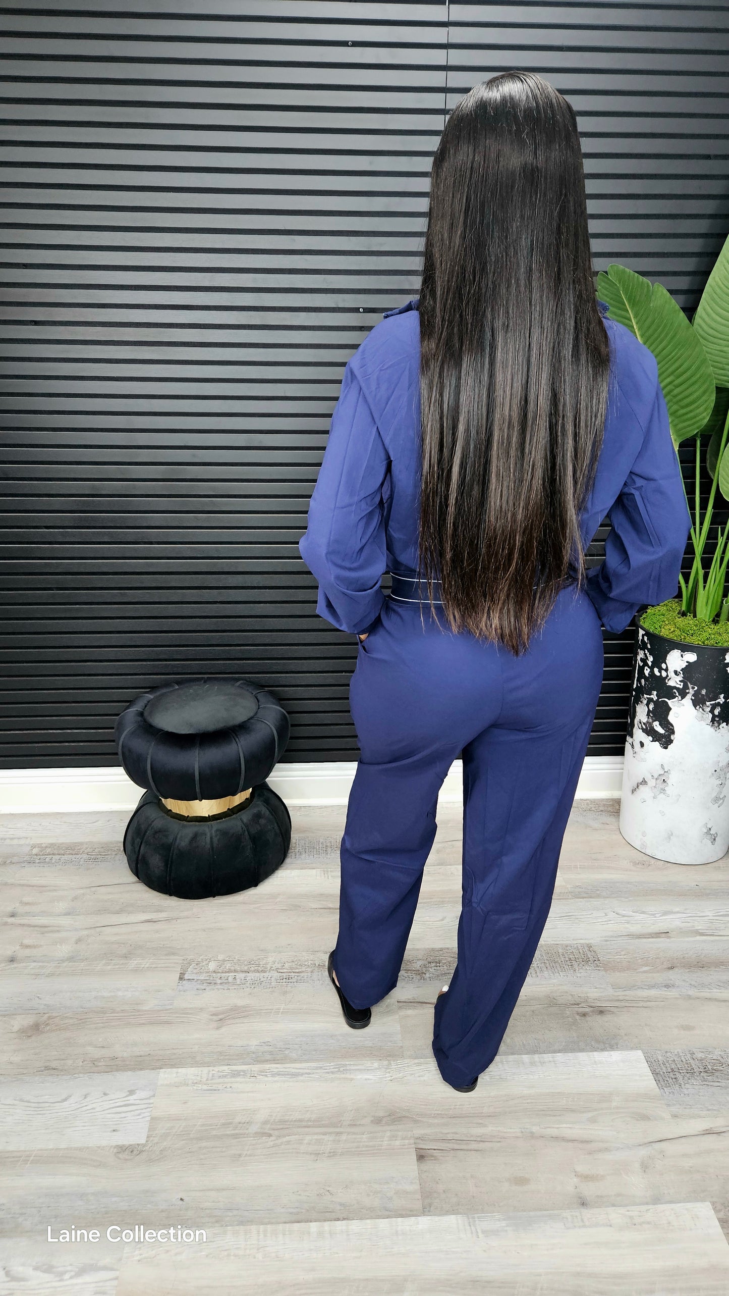 Navy Relaxed-Fit Bomber Jacket & Wide-Leg Pants Set