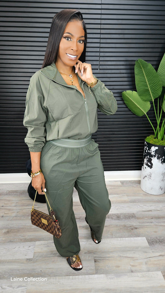 Olive Relaxed-Fit Bomber Jacket & Wide-Leg Pants Set - Laine Collection