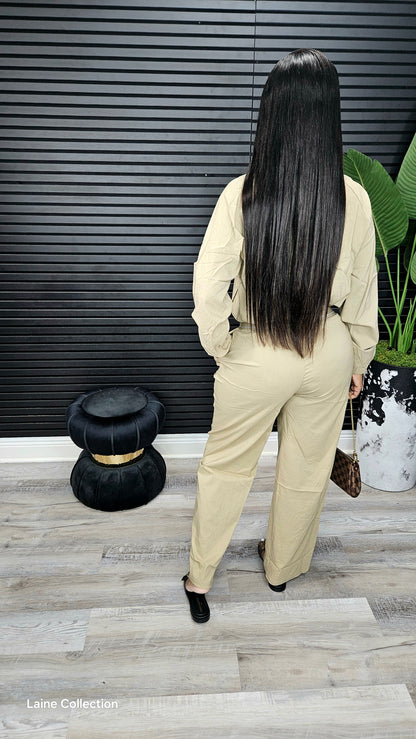 Taupe Relaxed-Fit Bomber Jacket & Wide-Leg Pants Set
