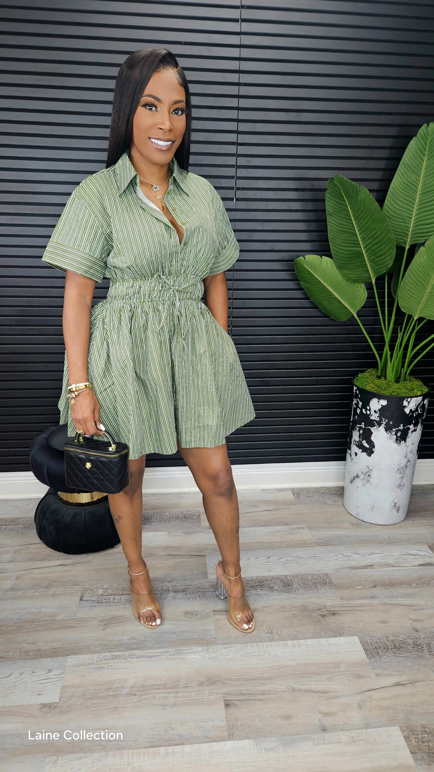 Mini Stripe Shirt Dress - Olive